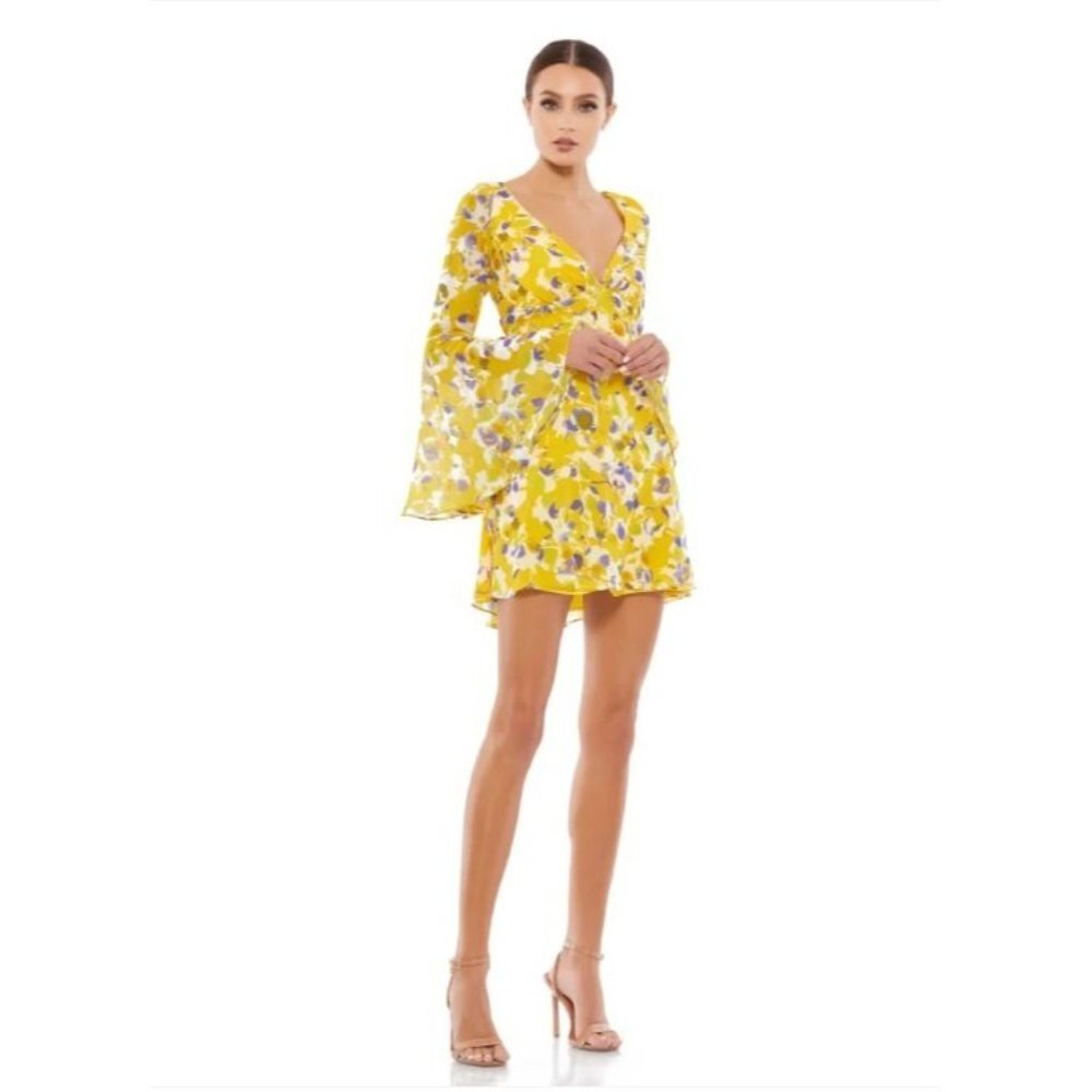 Mac Duggal Yellow Floral Mini Dress